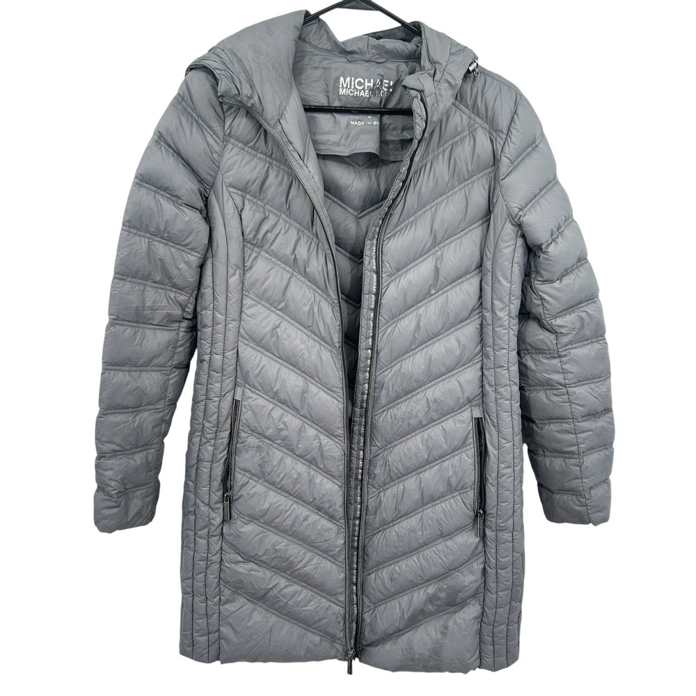 Michael Kors Packable Down Gray Puffer Coat‎ S Hooded Quilted Minimalist